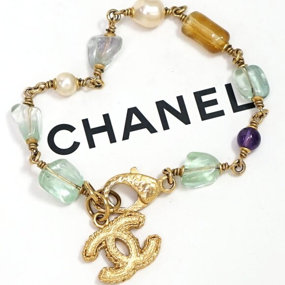 CHANEL CC Logo Pearl Multicolor Stone Bracelet 7.8" Gold Tone B11A Auth w/Bag - Picture 1 of 7